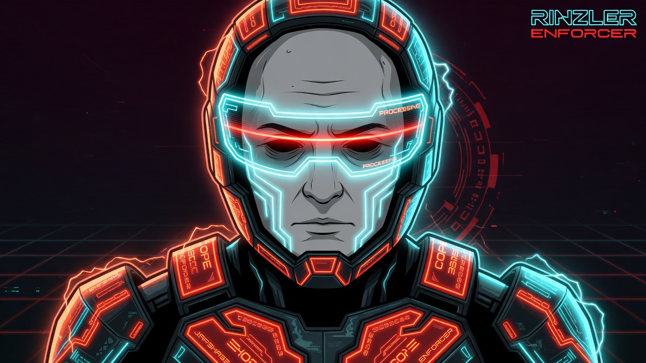 RINZLER in red and cyan enforcer armor