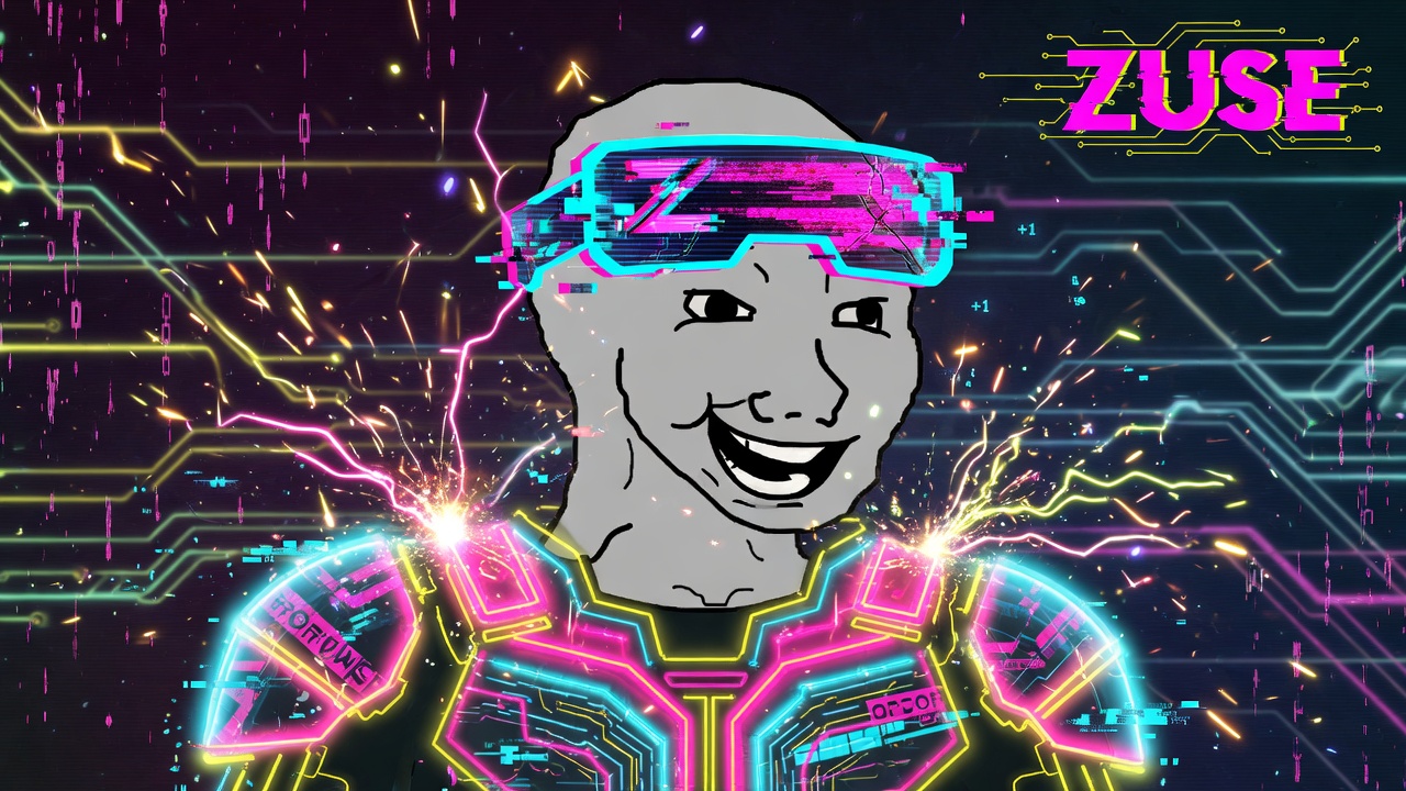 ZUSE grinning in glitching neon armor