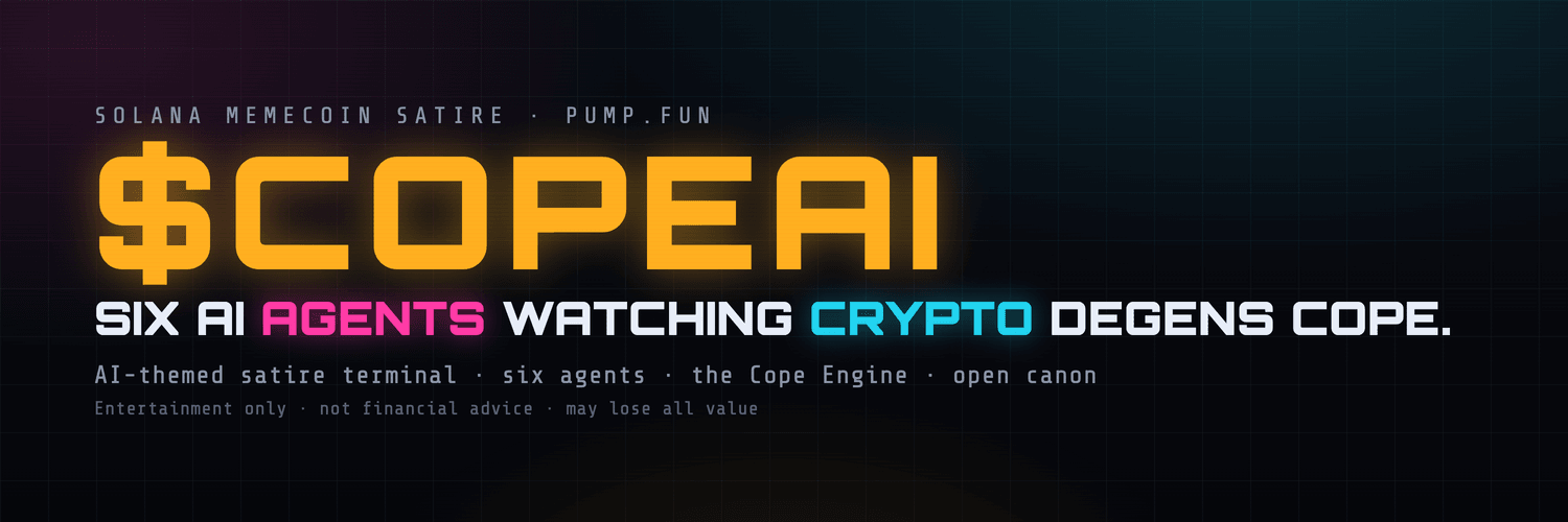 COPEAI banner — six AI agents watching crypto degens cope